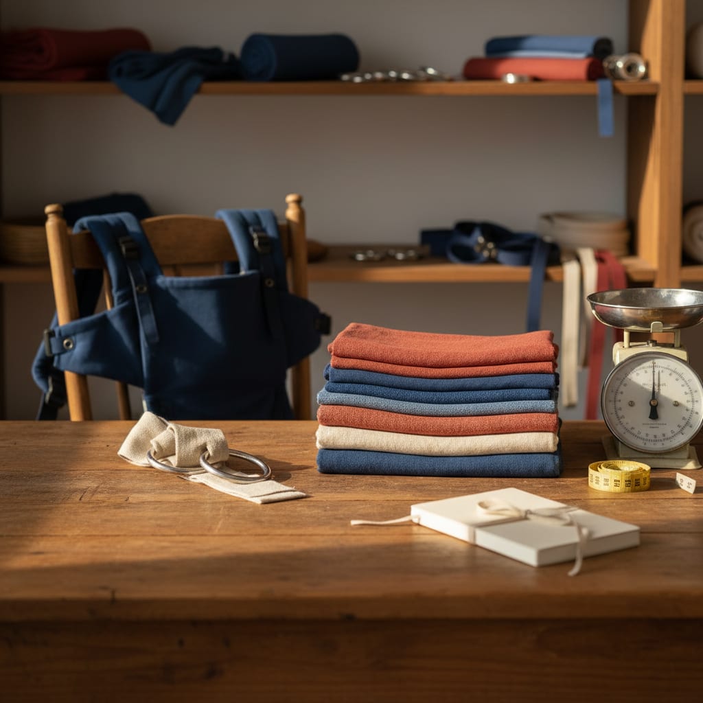 Ivy Santos's babywearing workbench with folded wraps, sling rings, a kitchen scale and a measuring tape on undyed linen